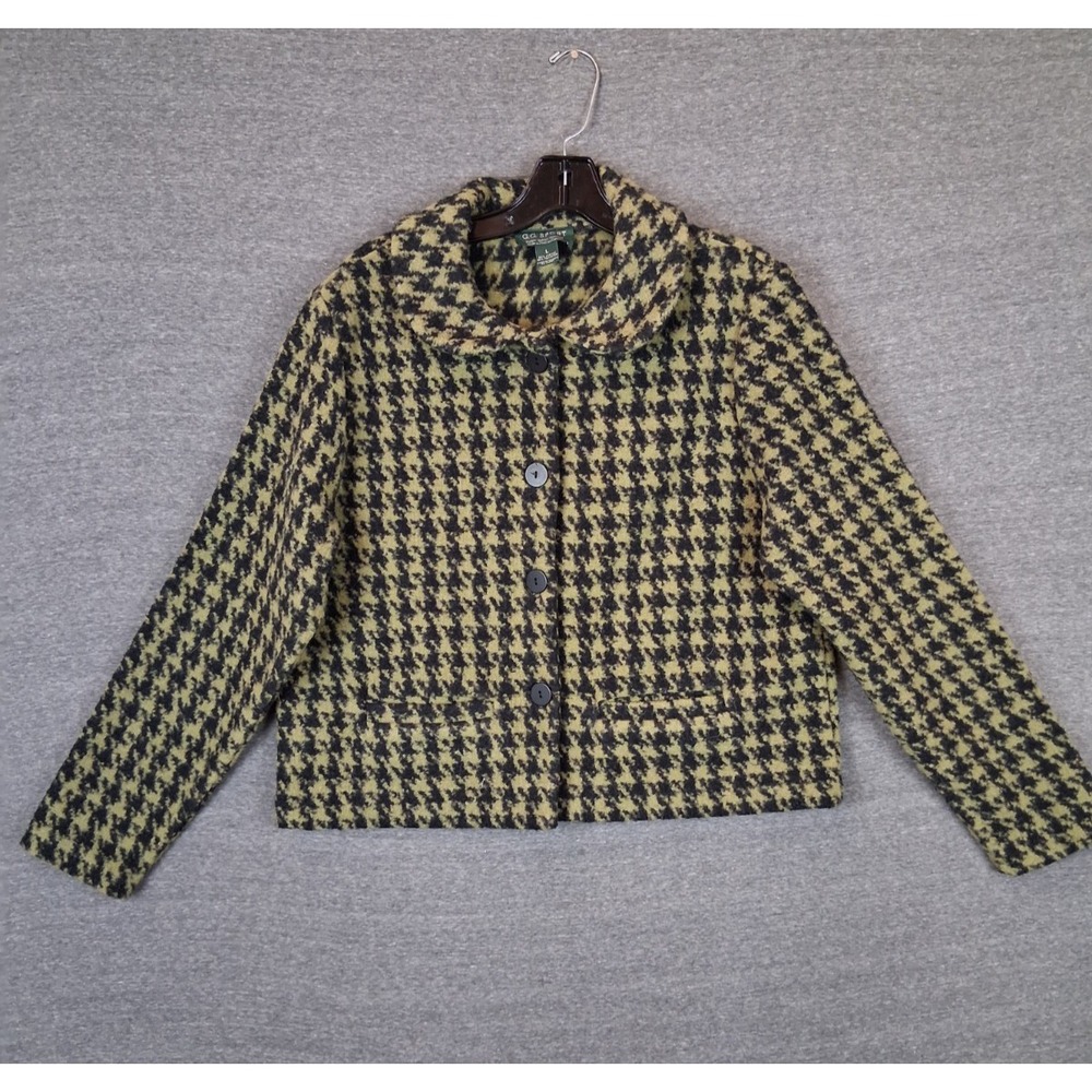 GG Sport Womens Jacket L Green Black Houndstooth Fleece Academia Preppy Y2K